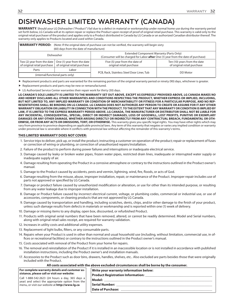 Dishwasher limited warranty (canada) | LG LDF7551ST User Manual | Page 32 / 100