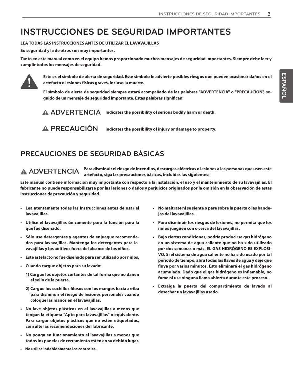 Instrucciones de seguridad importantes, Advertencia, Precaución | Precauciones de seguridad básicas | LG LDF7551ST User Manual | Page 35 / 100