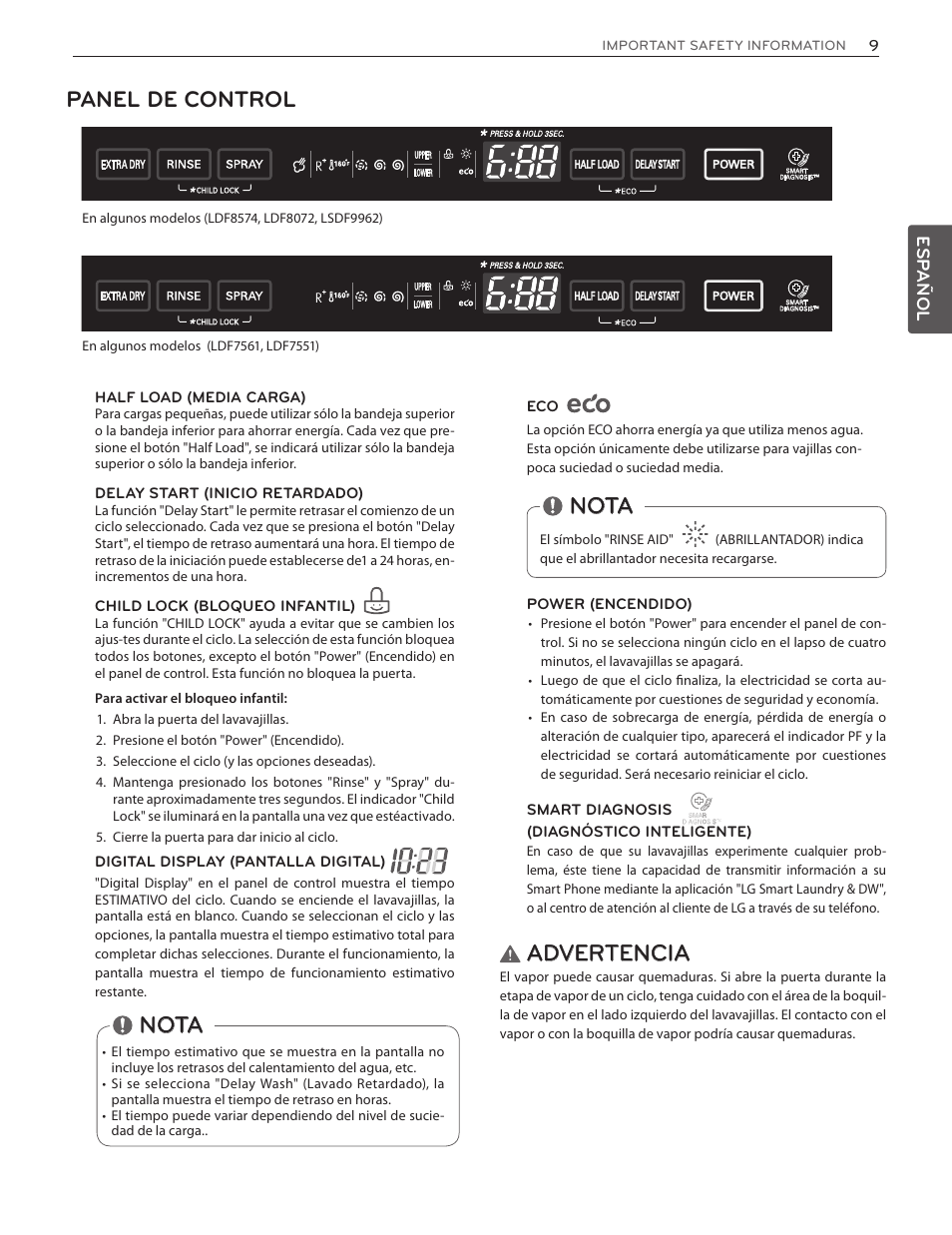 Panel de control, Nota, Advertencia | LG LDF7551ST User Manual | Page 41 / 100