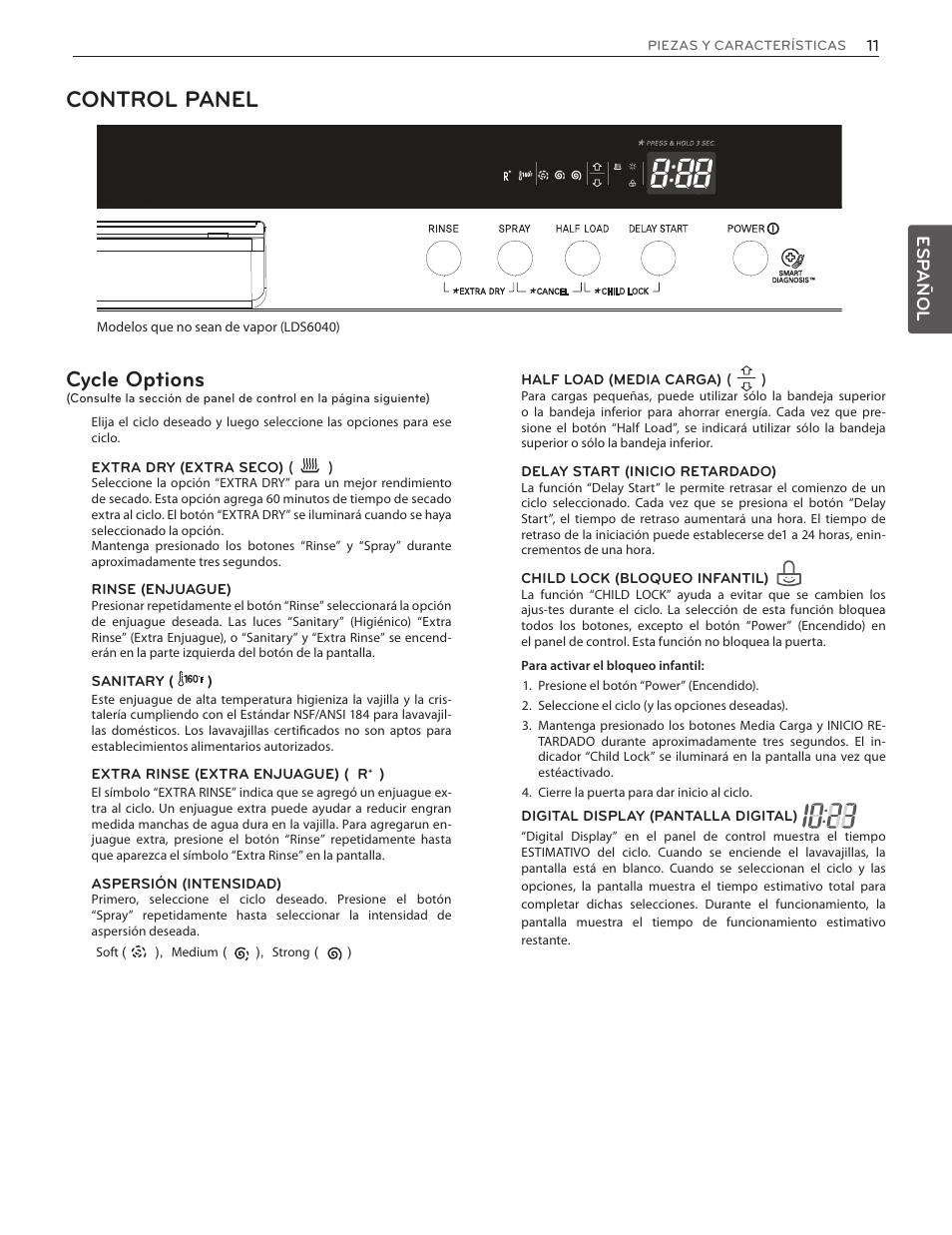 Control panel, Cycle options, Esp añol | LG LDF7551ST User Manual | Page 43 / 100