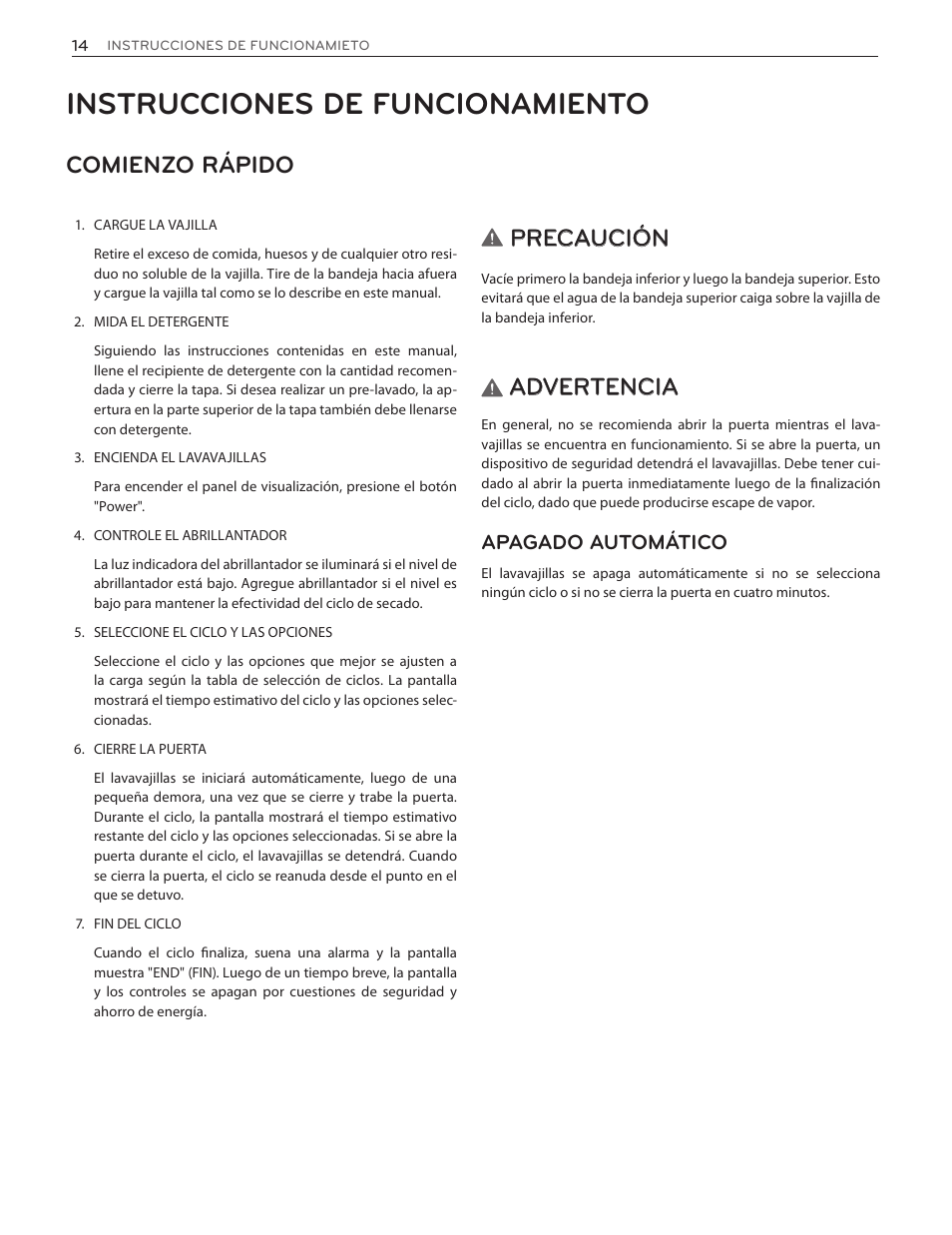 Instrucciones de funcionamiento, Comienzo rápido, Precaución | Advertencia, Apagado automático | LG LDF7551ST User Manual | Page 46 / 100