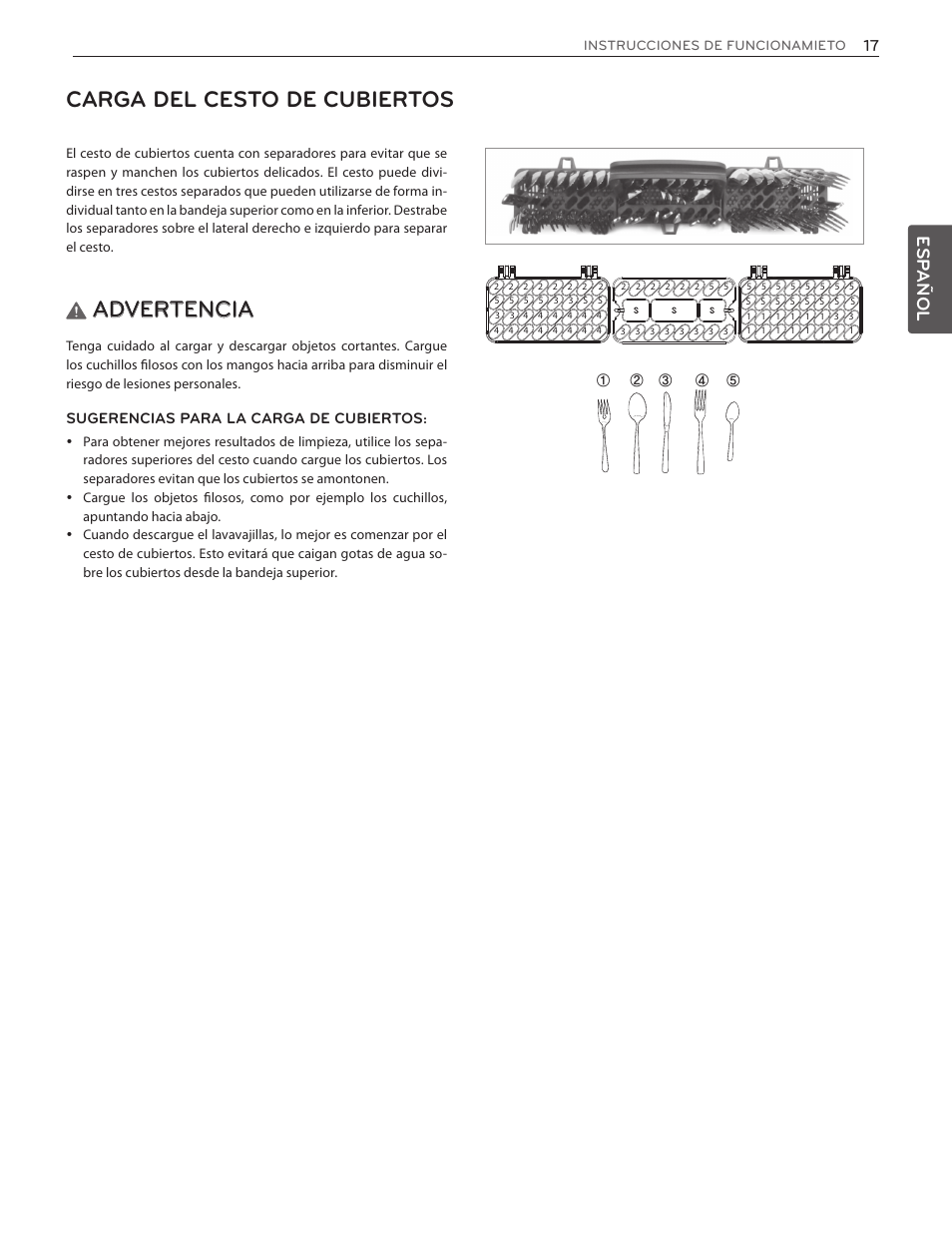 Carga del cesto de cubiertos, Advertencia, Esp añol | LG LDF7551ST User Manual | Page 49 / 100