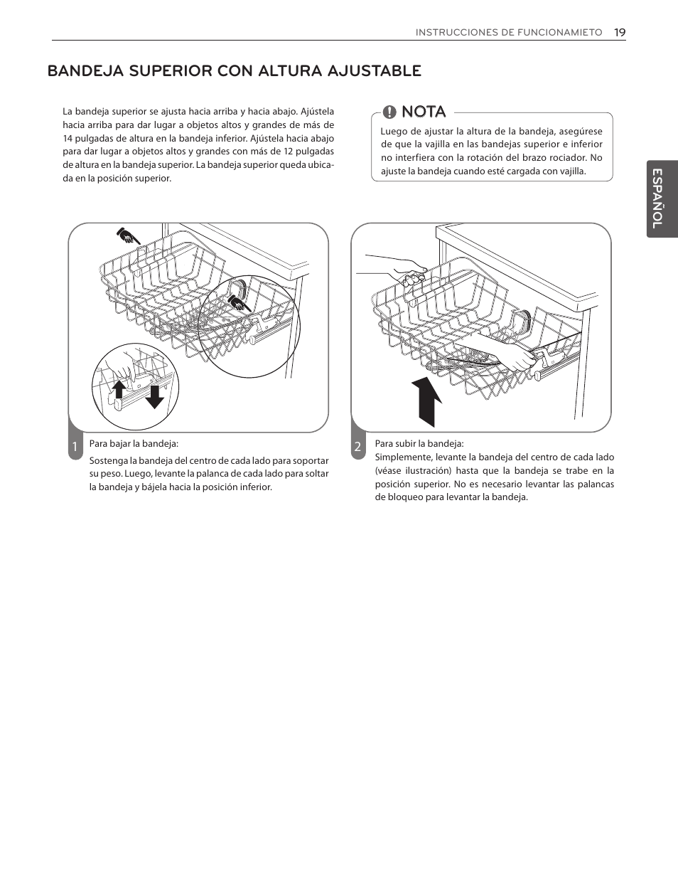 Bandeja superior con altura ajustable, Nota | LG LDF7551ST User Manual | Page 51 / 100