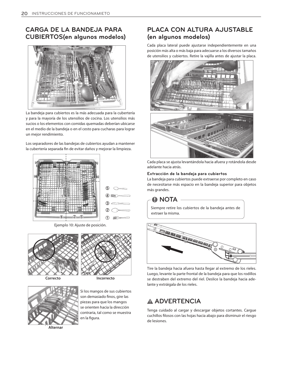 Placa con altura ajustable (en algunos modelos), Nota, Advertencia | LG LDF7551ST User Manual | Page 52 / 100