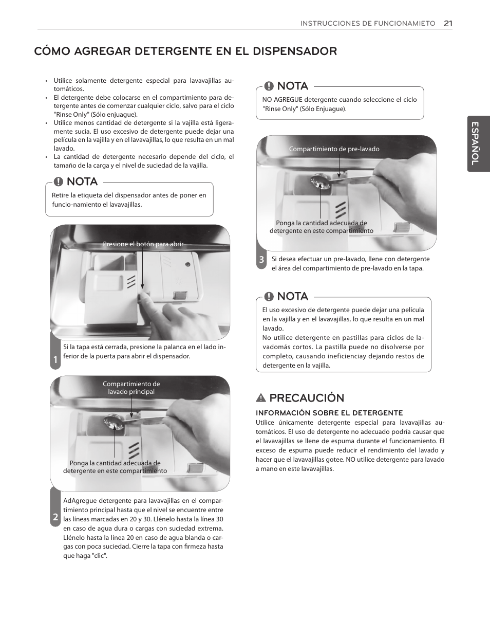 Cómo agregar detergente en el dispensador, Precaución, Nota | LG LDF7551ST User Manual | Page 53 / 100