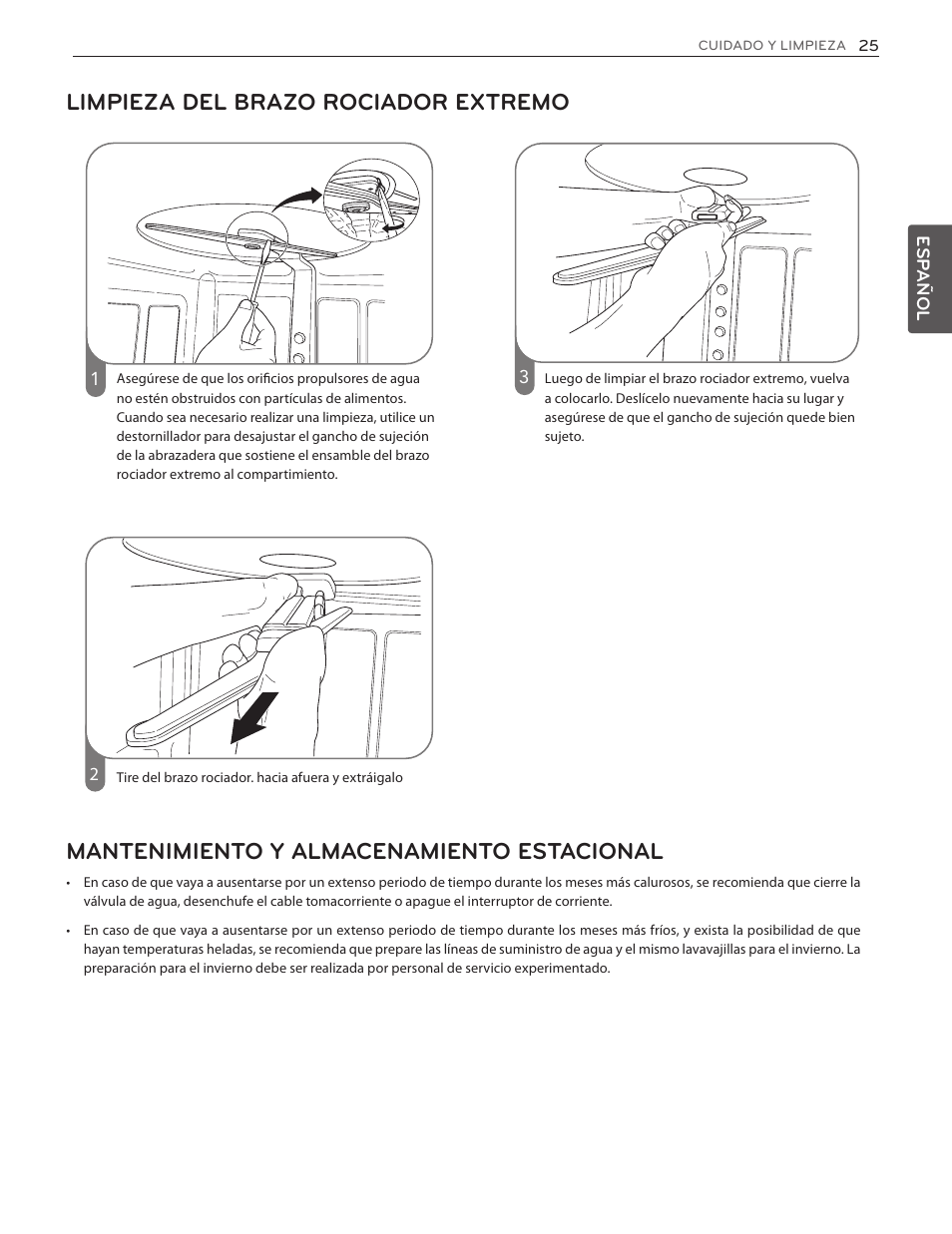 Limpieza del brazo rociador extremo, Mantenimiento y almacenamiento estacional | LG LDF7551ST User Manual | Page 57 / 100