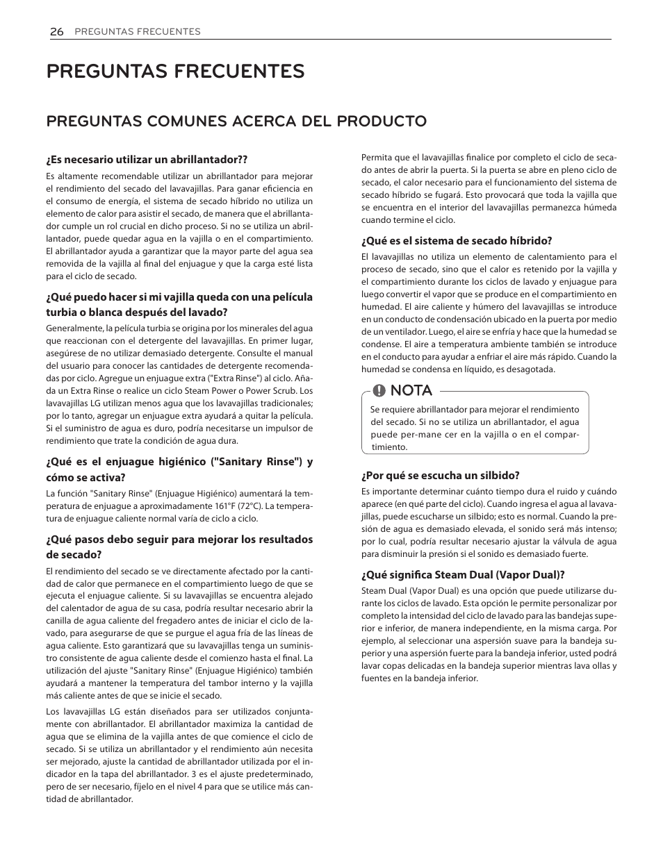 Preguntas frecuentes, Preguntas comunes acerca del producto, Nota | LG LDF7551ST User Manual | Page 58 / 100