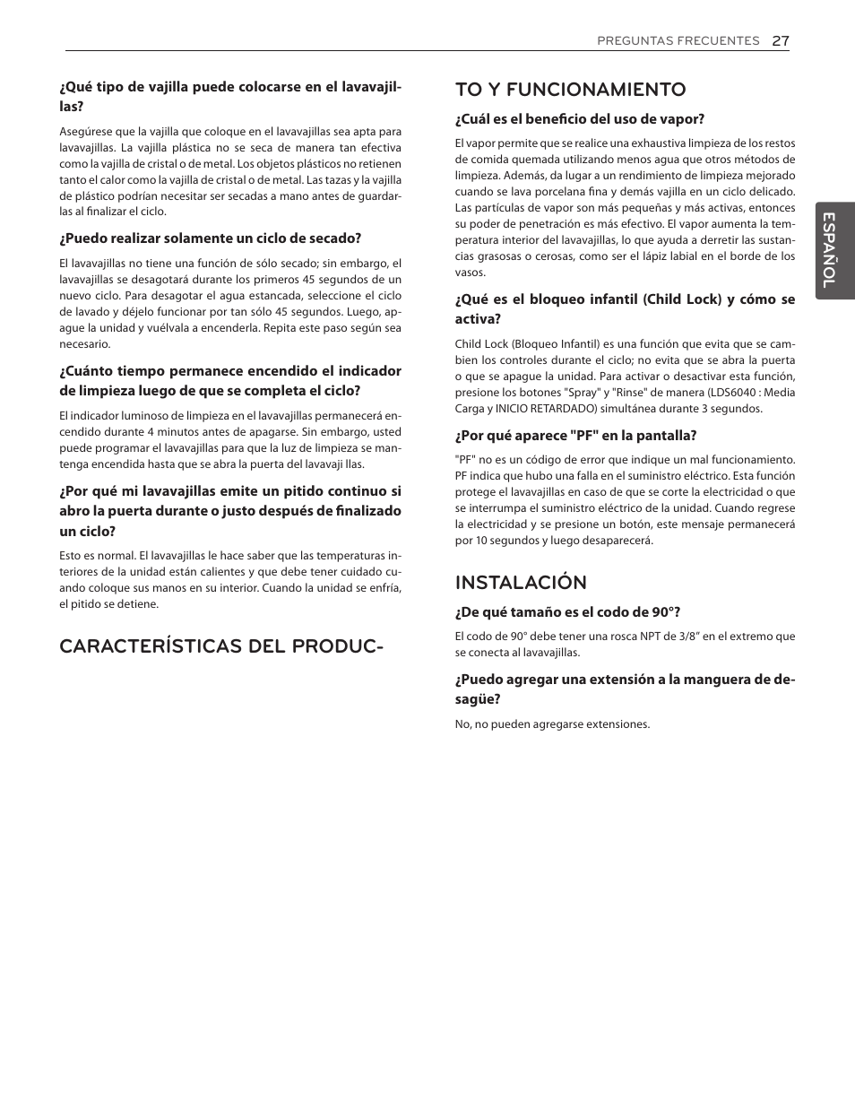 Características del produc- to y funcionamiento, Instalación | LG LDF7551ST User Manual | Page 59 / 100