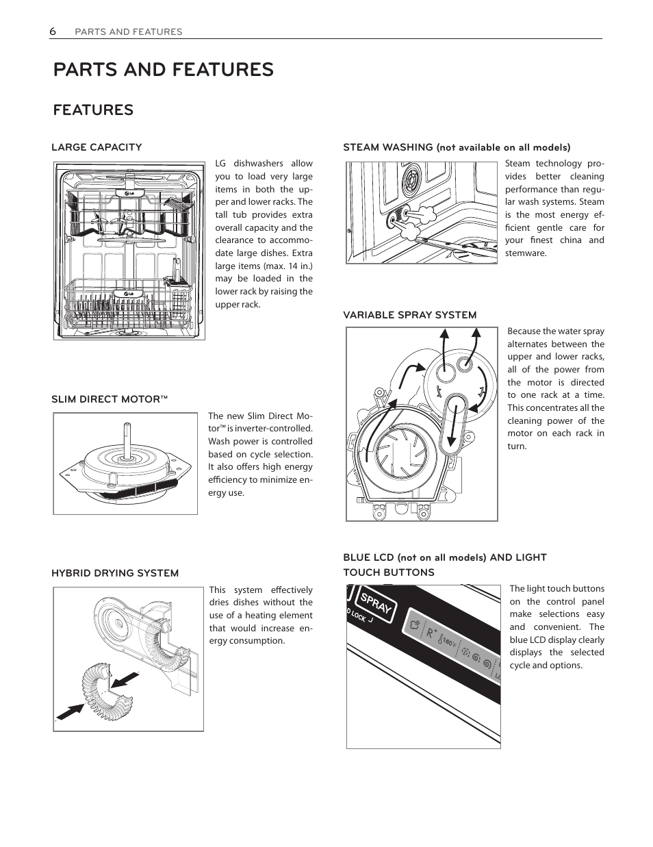 Parts and features, Features | LG LDF7551ST User Manual | Page 6 / 100