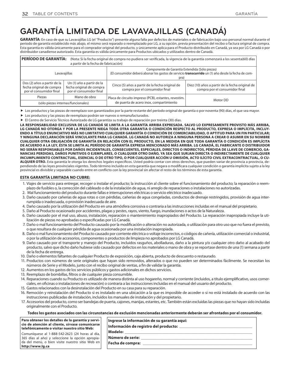 Garantía limitada de lavavajillas (canadá) | LG LDF7551ST User Manual | Page 64 / 100