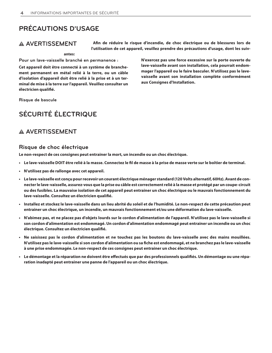 Précautions d'usage, Sécurité électrique, Avertissement | Avertissement risque de choc électrique | LG LDF7551ST User Manual | Page 68 / 100