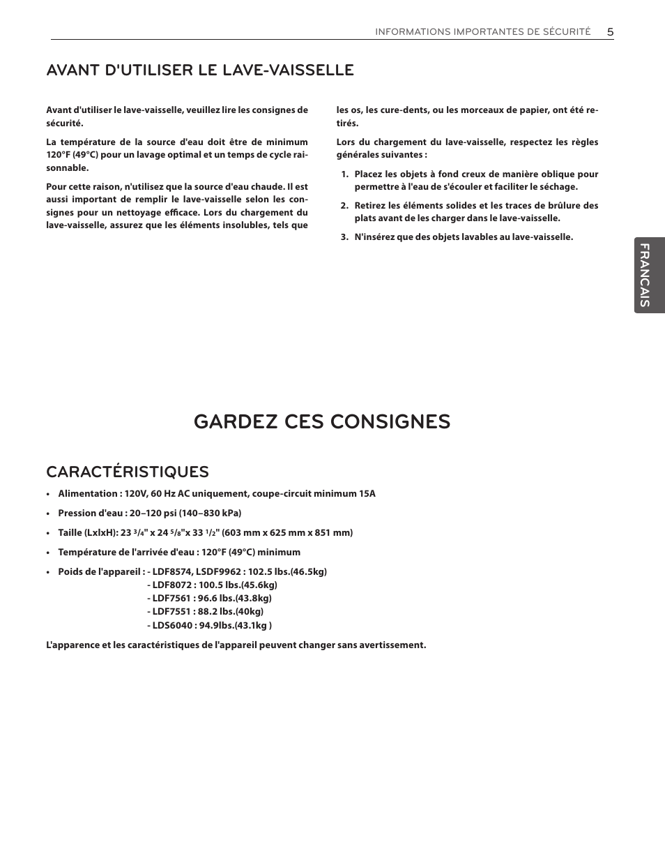 Gardez ces consignes, Avant d'utiliser le lave-vaisselle, Caractéristiques | Francais | LG LDF7551ST User Manual | Page 69 / 100