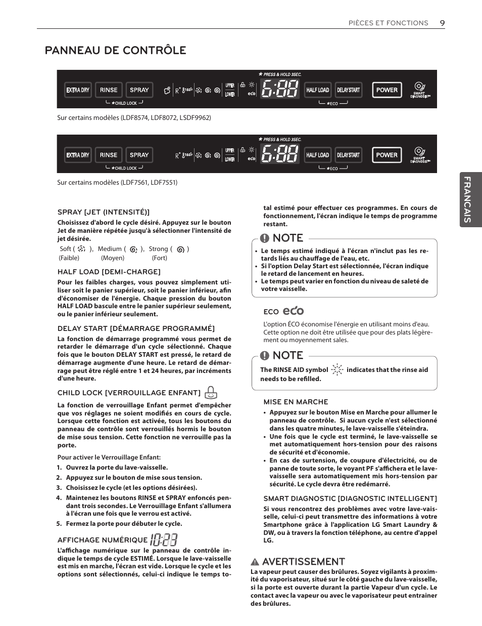 Panneau de contrôle, Avertissement, Francais | LG LDF7551ST User Manual | Page 73 / 100