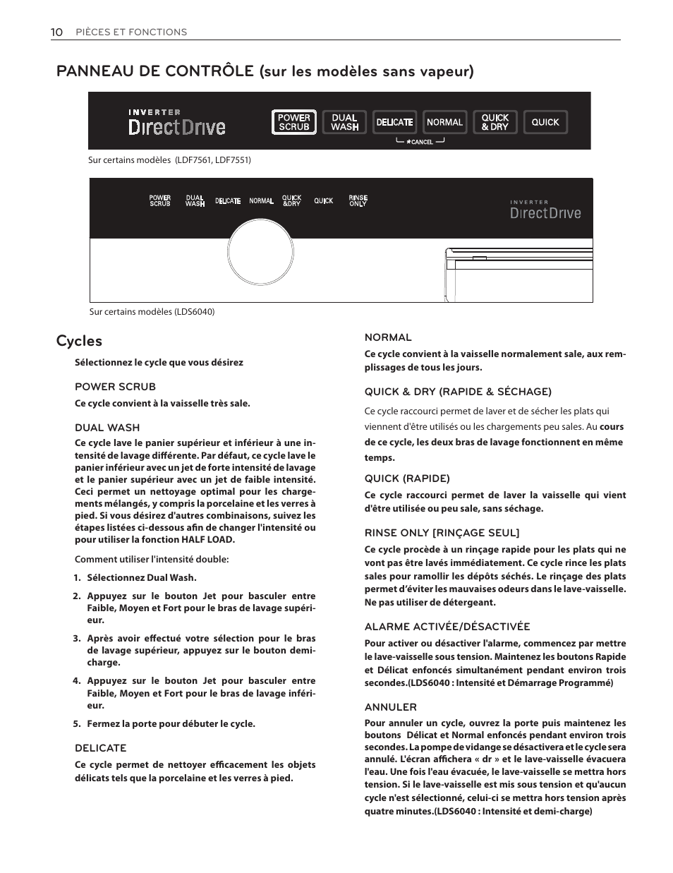 Panneau de contrôle (sur les modèles sans vapeur), Cycles | LG LDF7551ST User Manual | Page 74 / 100