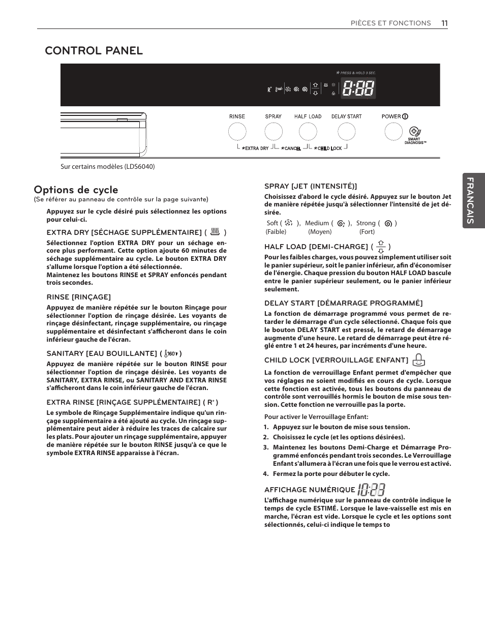 Control panel, Options de cycle, Francais | LG LDF7551ST User Manual | Page 75 / 100