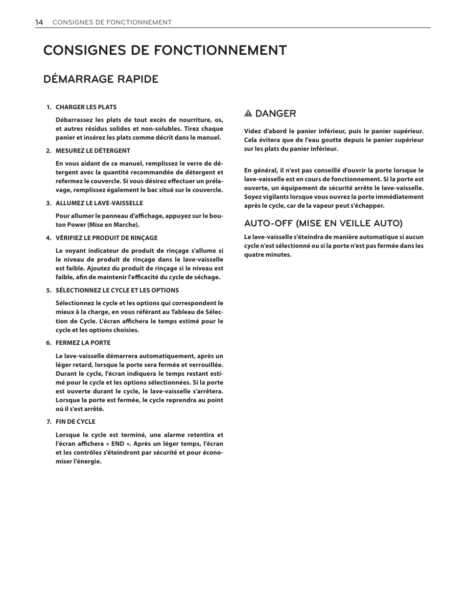 Consignes de fonctionnement, Démarrage rapide, Danger | Auto-off (mise en veille auto) | LG LDF7551ST User Manual | Page 78 / 100