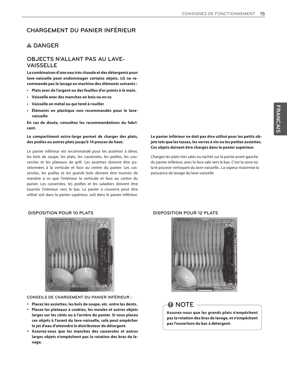 Chargement du panier inférieur, Danger, Objects n'allant pas au lave- vaisselle | LG LDF7551ST User Manual | Page 79 / 100