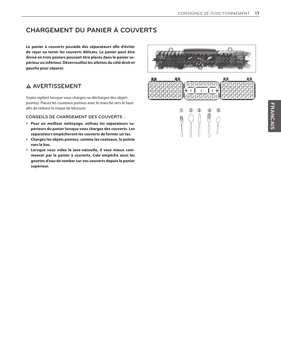Chargement du panier à couverts, Avertissement, Francais | LG LDF7551ST User Manual | Page 81 / 100