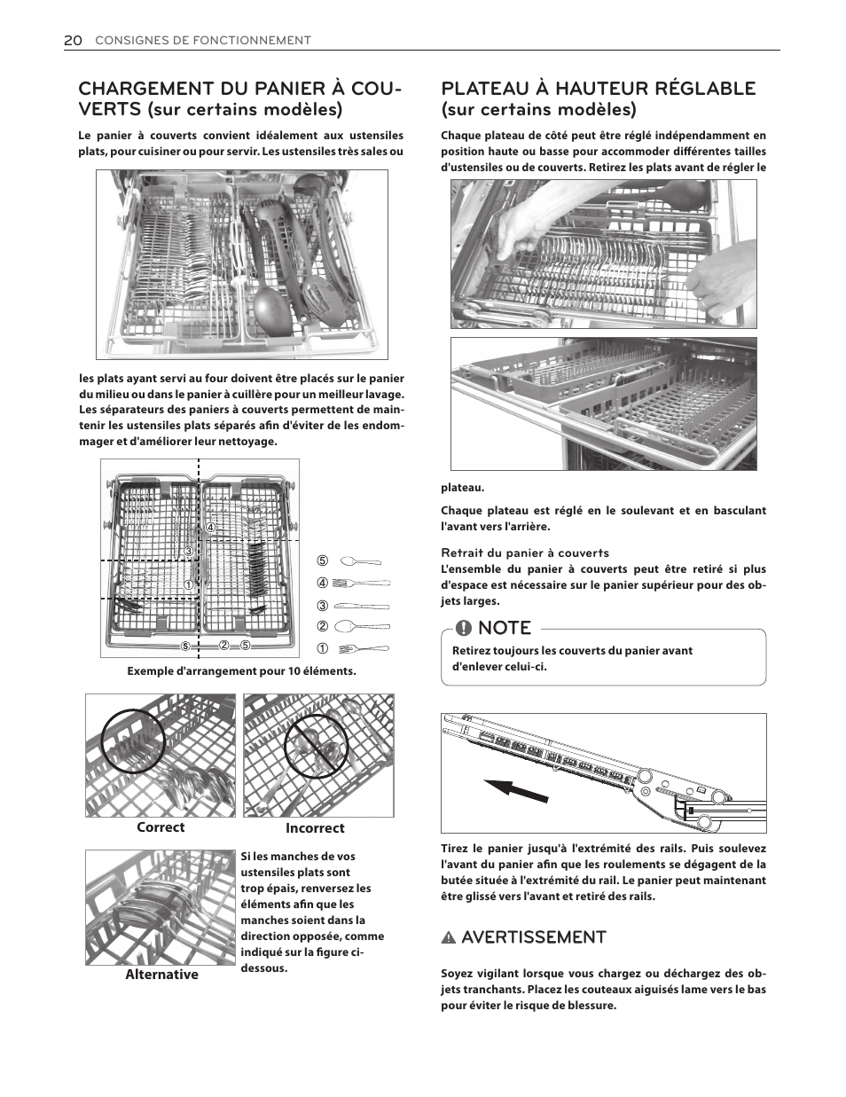 Plateau à hauteur réglable (sur certains modèles), Avertissement | LG LDF7551ST User Manual | Page 84 / 100