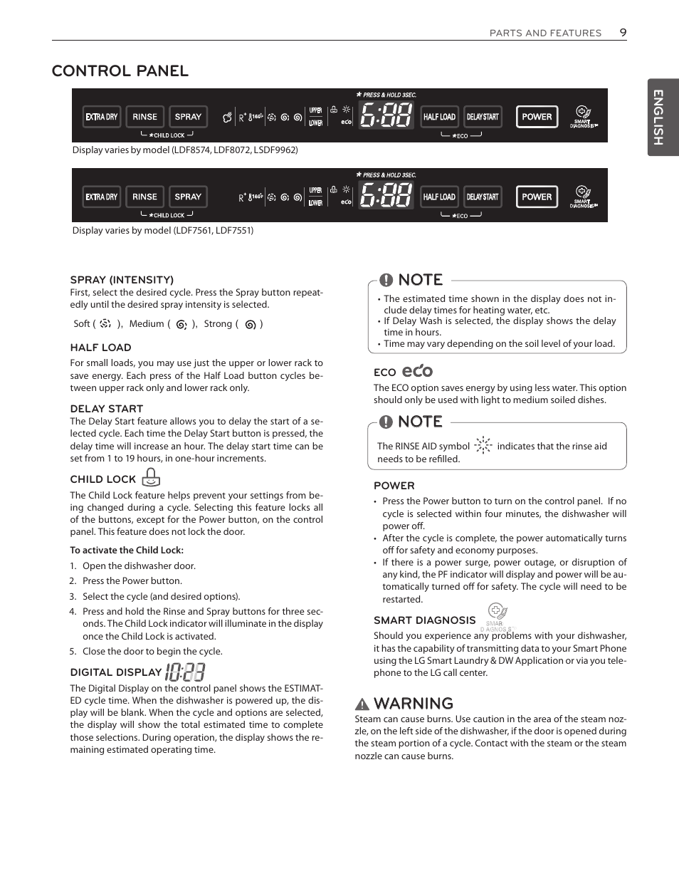 Control panel, Warning | LG LDF7551ST User Manual | Page 9 / 100