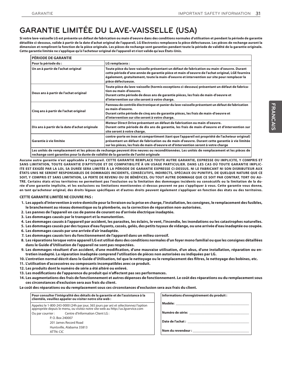 Garantie limitée du lave-vaisselle (usa), Francais | LG LDF7551ST User Manual | Page 95 / 100