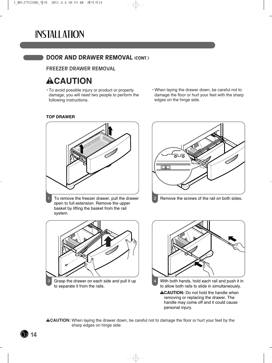 Wcaution, 14 door and drawer removal | LG LMX25964ST User Manual | Page 14 / 45