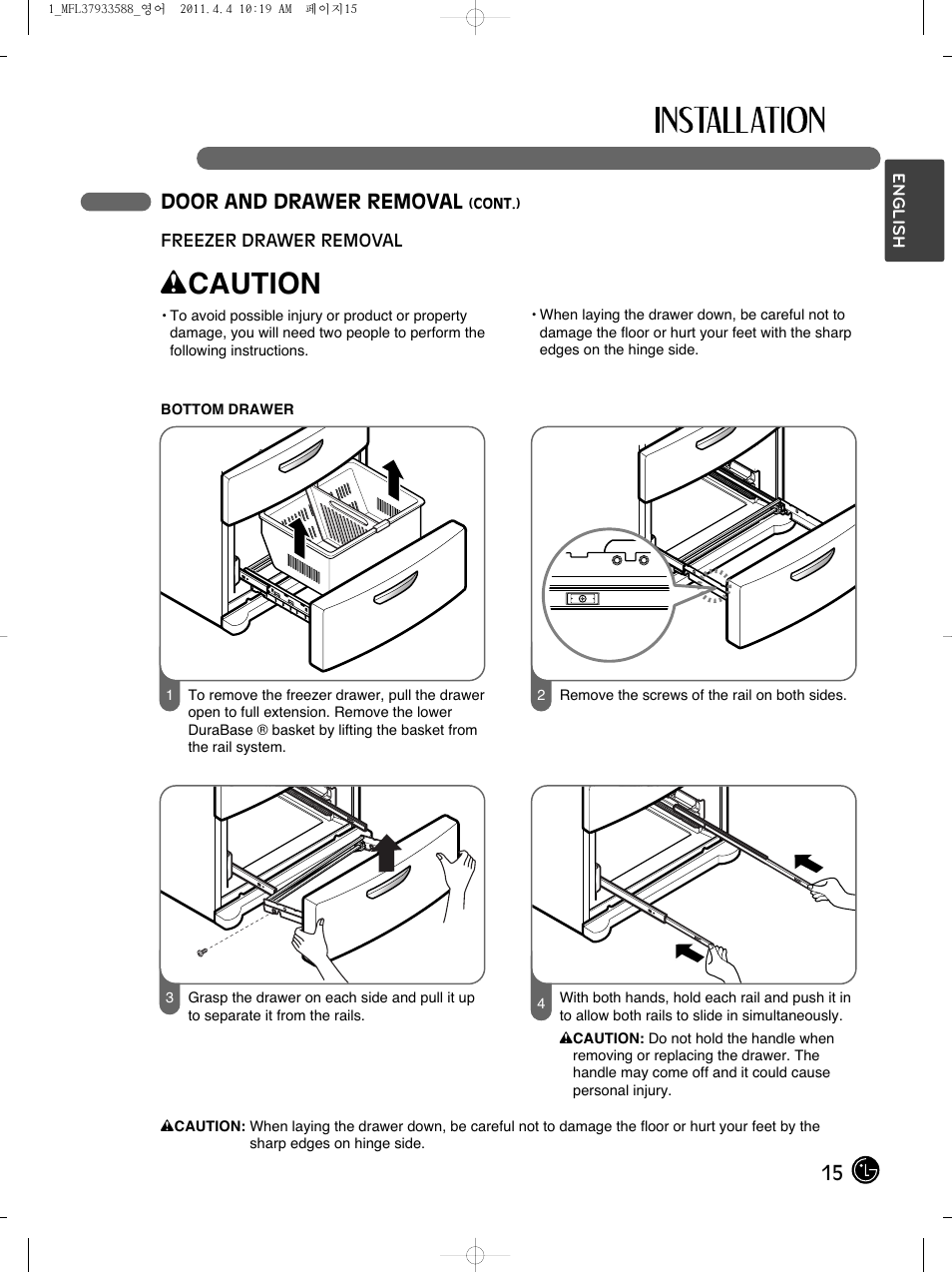 Wcaution, 15 door and drawer removal | LG LMX25964ST User Manual | Page 15 / 45