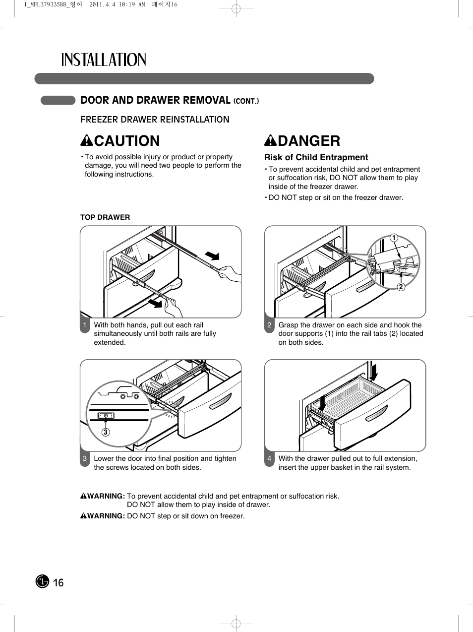 Wcaution, Wdanger, 16 door and drawer removal | LG LMX25964ST User Manual | Page 16 / 45