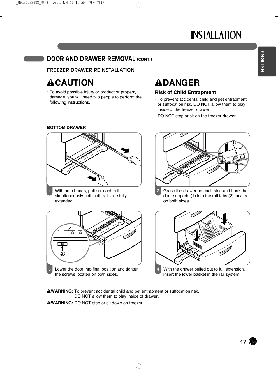 Wcaution, Wdanger, 17 door and drawer removal | LG LMX25964ST User Manual | Page 17 / 45