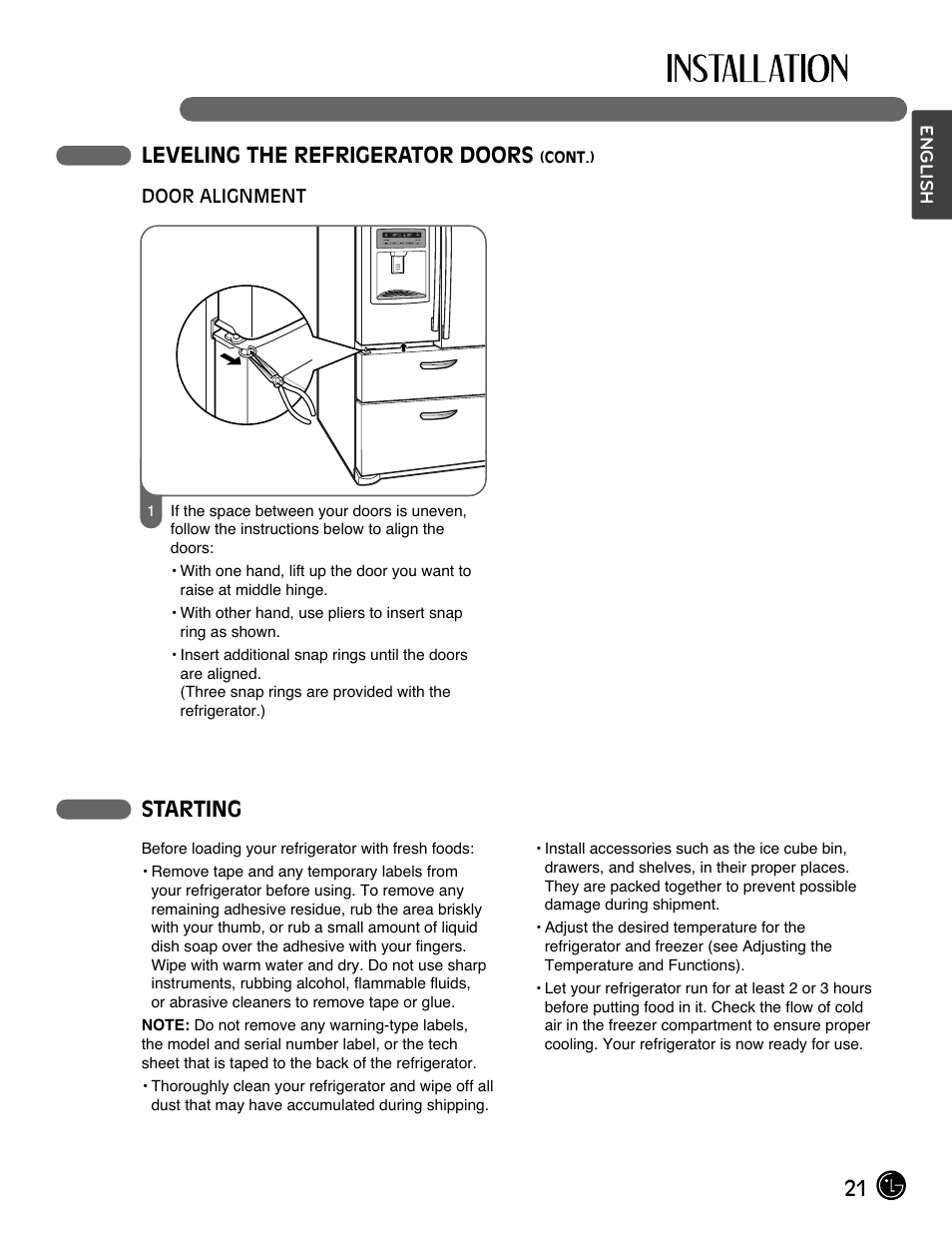 21 leveling the refrigerator doors, Starting | LG LMX25964ST User Manual | Page 21 / 45