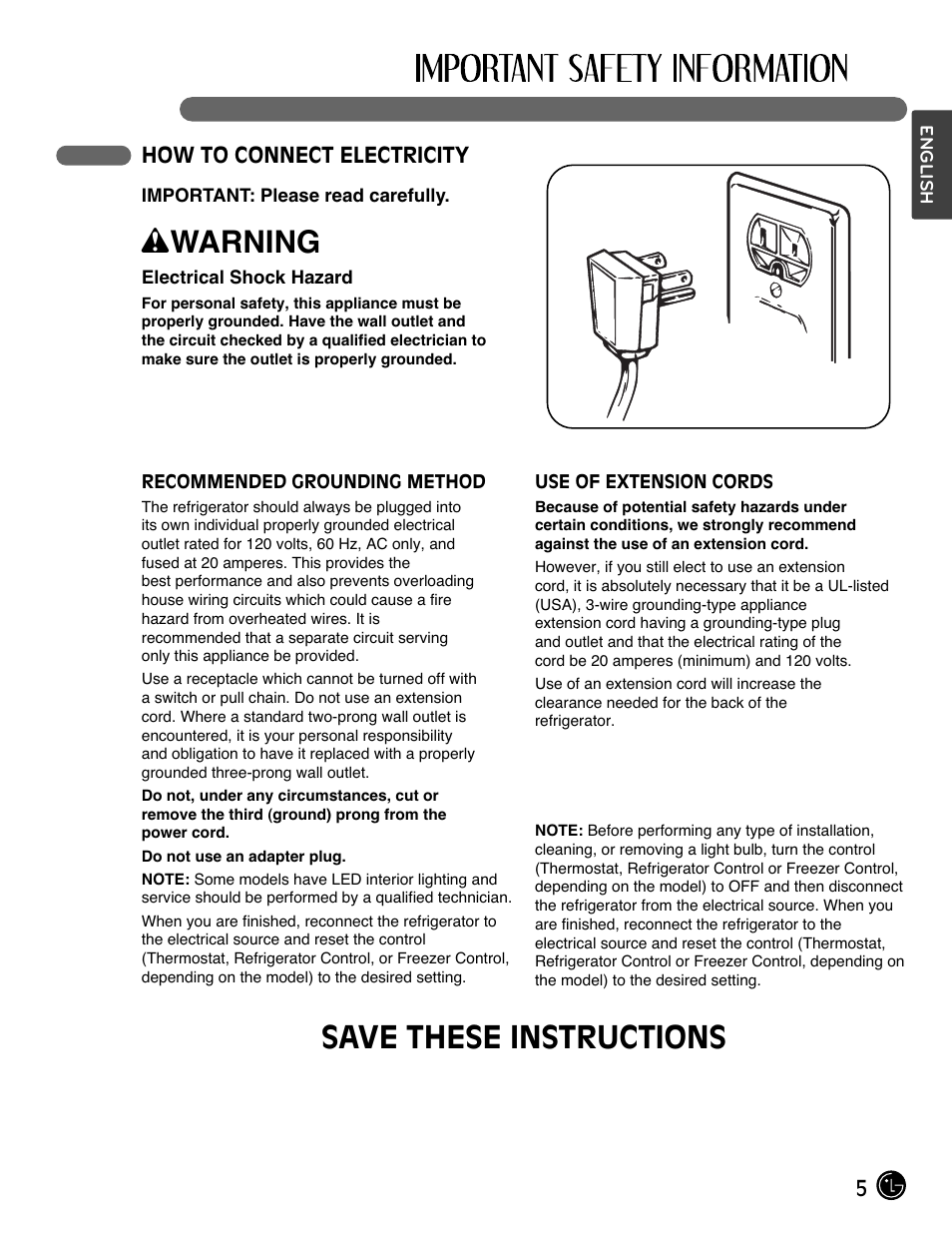 Wwarning, Save these instructions | LG LMX25964ST User Manual | Page 5 / 45