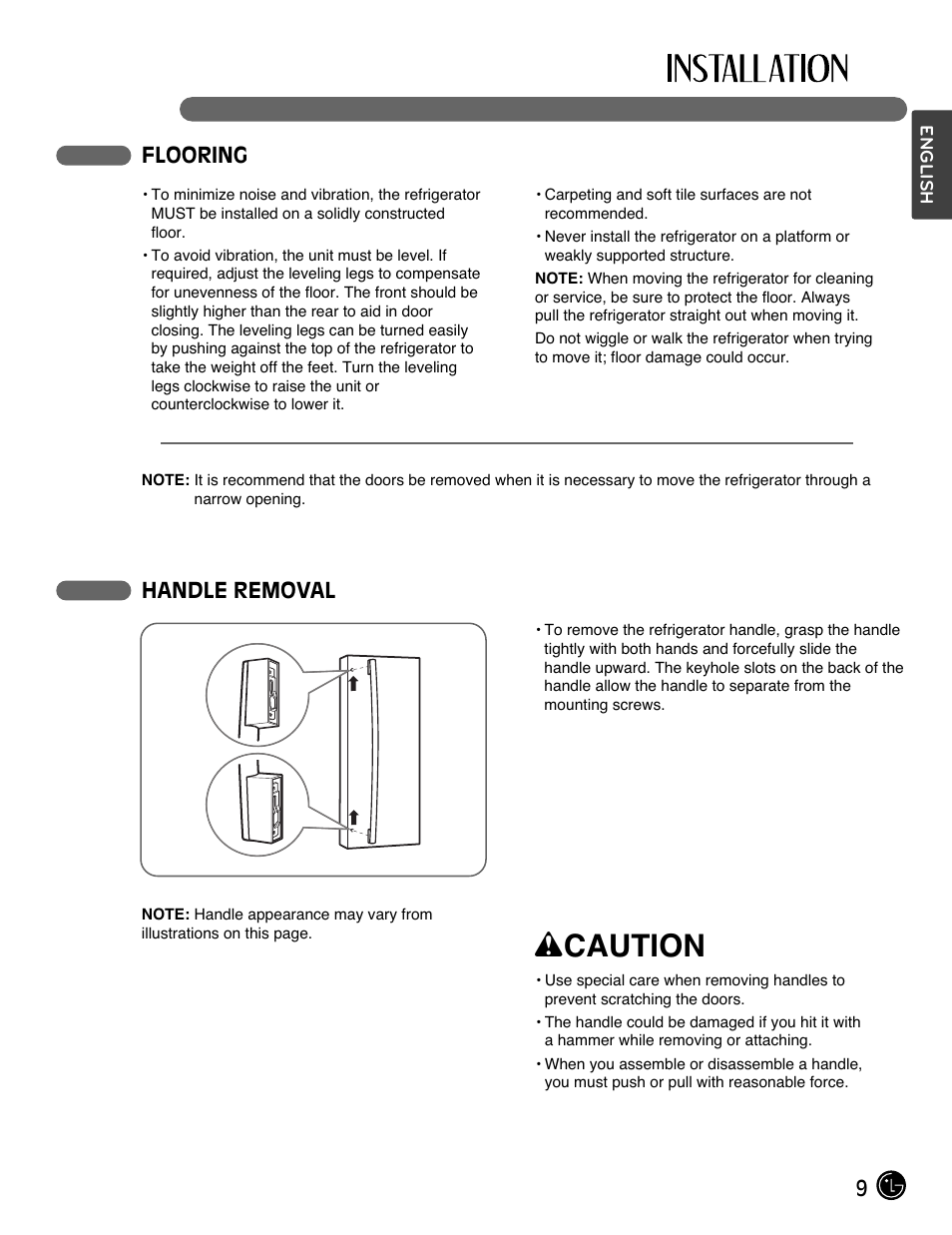 Wcaution, 9flooring, Handle removal | LG LMX25964ST User Manual | Page 9 / 45