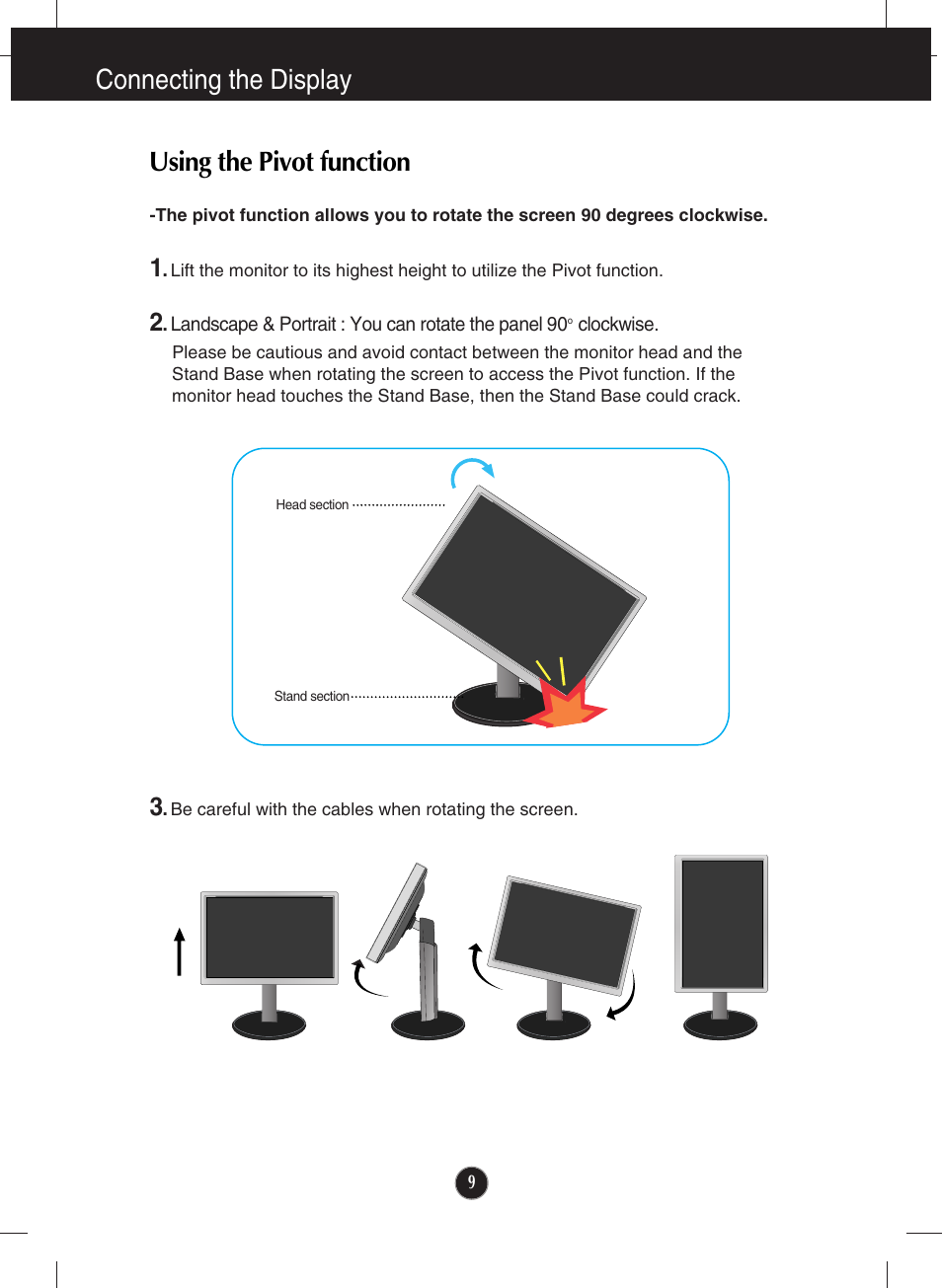 Using the pivot function, Connecting the display | LG E2711PY-BN User Manual | Page 10 / 31