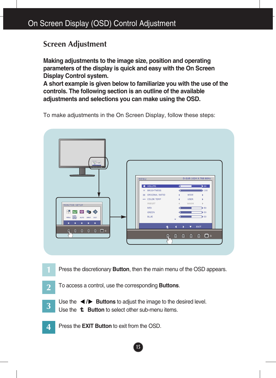 On screen display (osd) control adjustment, Screen adjustment | LG E2711PY-BN User Manual | Page 16 / 31