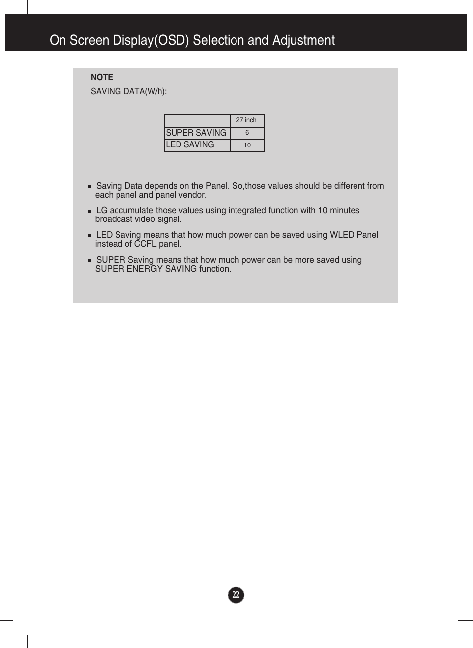 On screen display(osd) selection and adjustment | LG E2711PY-BN User Manual | Page 23 / 31