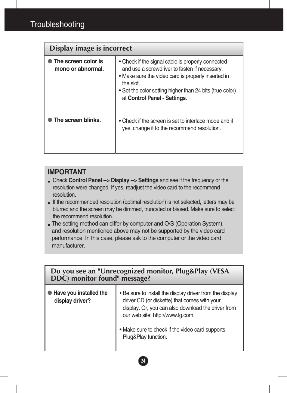 Display image is incorrect, Troubleshooting | LG E2711PY-BN User Manual | Page 25 / 31