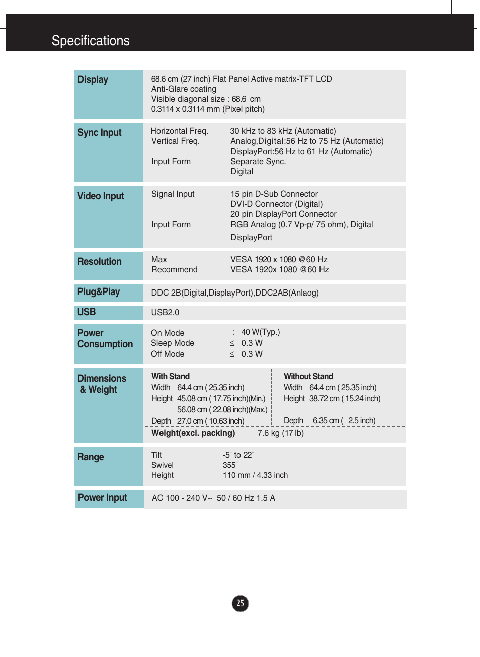 Specifications | LG E2711PY-BN User Manual | Page 26 / 31
