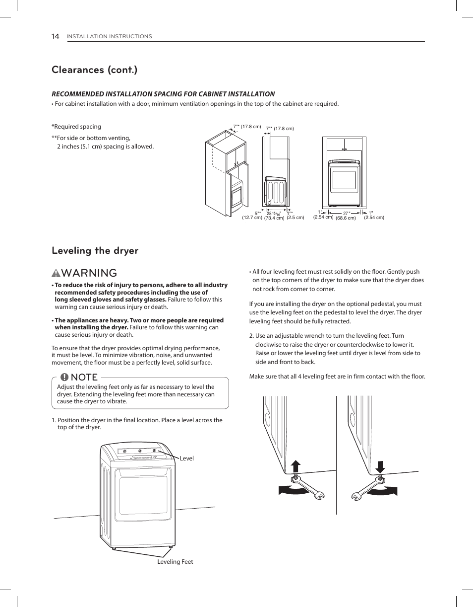 Warning, Clearances (cont.), Leveling the dryer | LG DLGY1202V User Manual | Page 14 / 84