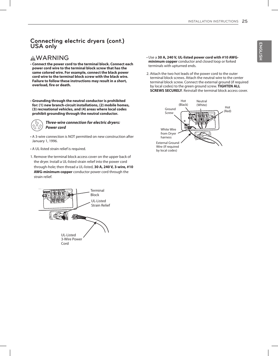 Warning, Connecting electric dryers (cont.) usa only | LG DLGY1202V User Manual | Page 25 / 84