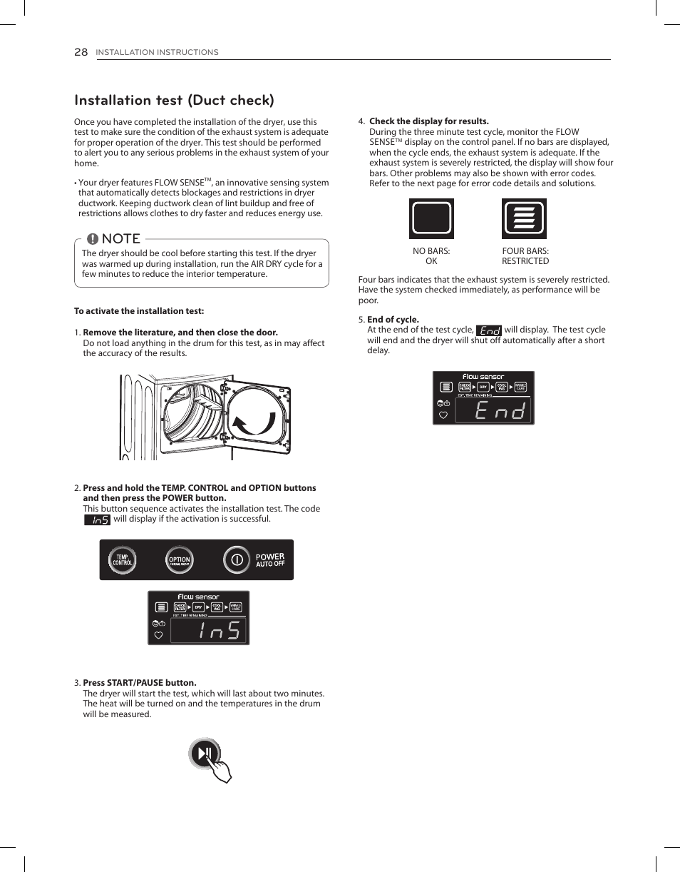 Installation test (duct check) | LG DLGY1202V User Manual | Page 28 / 84