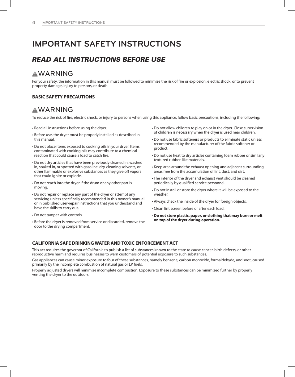 Important safety instructions, Warning, Read all instructions before use w | LG DLGY1202V User Manual | Page 4 / 84