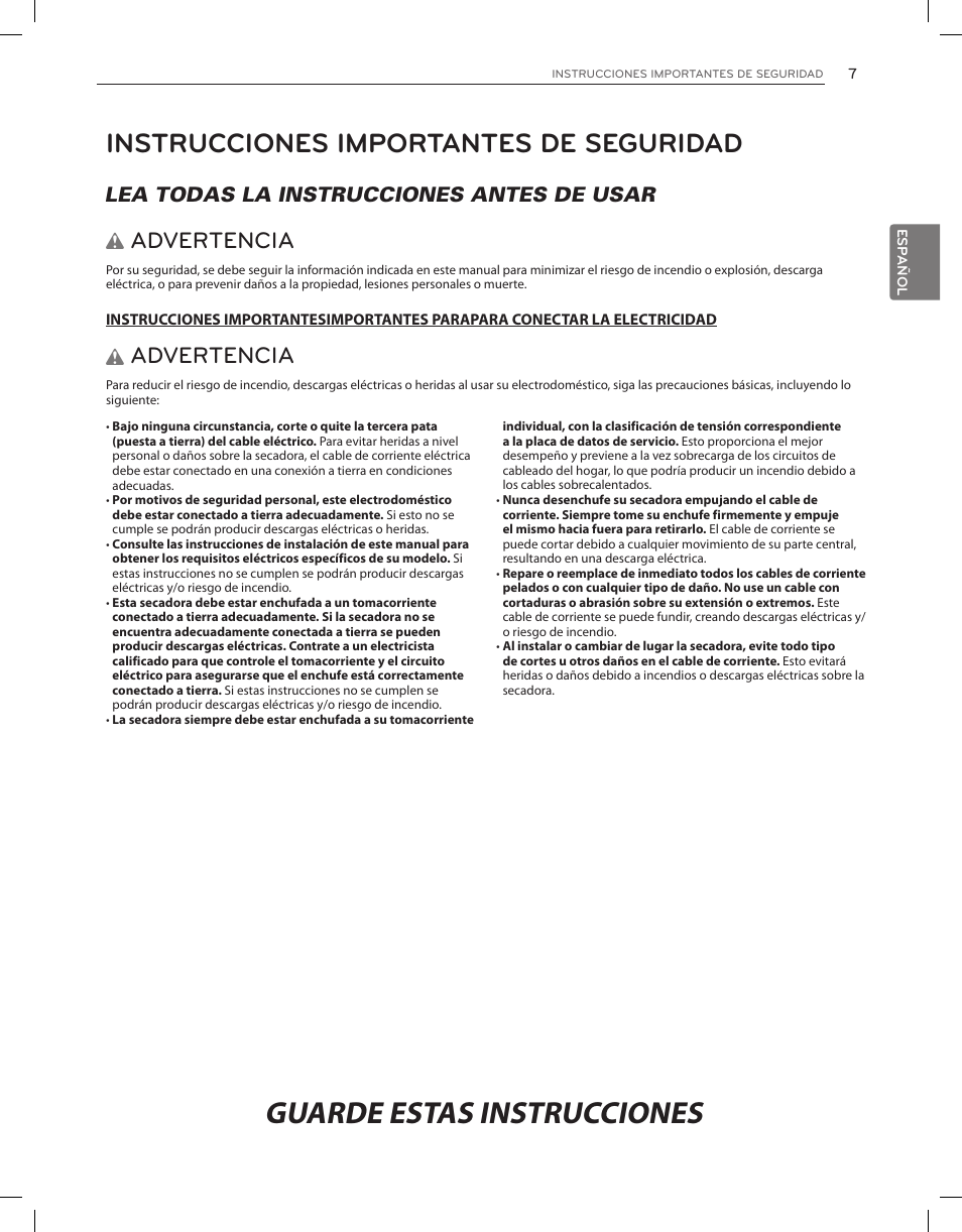 Guarde estas instrucciones, Instrucciones importantes de seguridad, Advertencia | Lea todas la instrucciones antes de usar w | LG DLGY1202V User Manual | Page 47 / 84