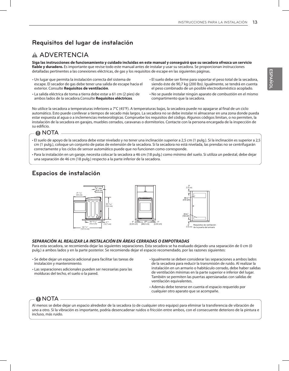 Advertencia, Requisitos del lugar de instalación, Espacios de instalación | Nota, Es pa ñ ol | LG DLGY1202V User Manual | Page 53 / 84