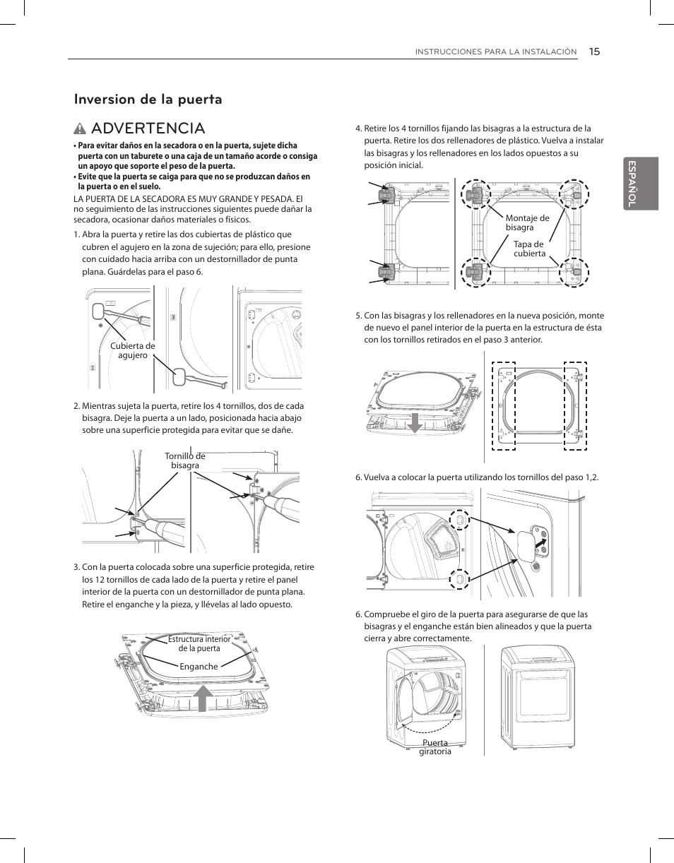 Advertencia, Inversion de la puerta | LG DLGY1202V User Manual | Page 55 / 84