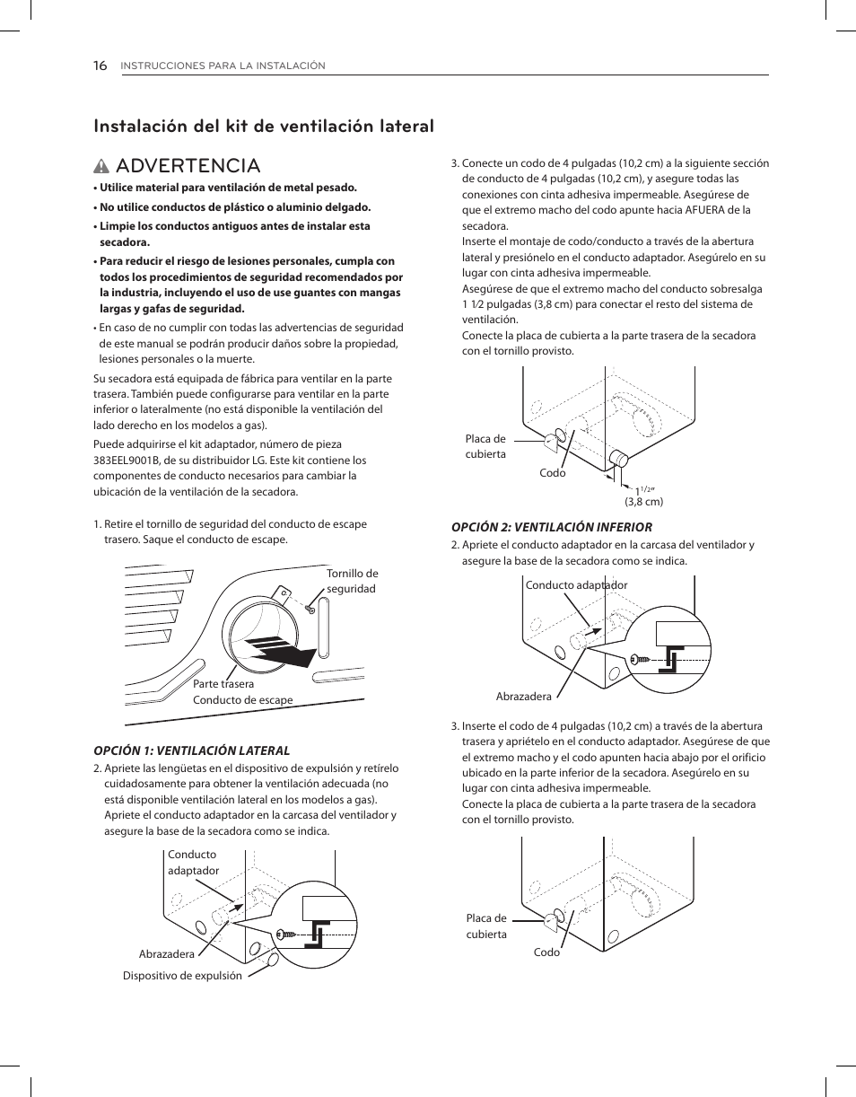 Advertencia, Instalación del kit de ventilación lateral | LG DLGY1202V User Manual | Page 56 / 84