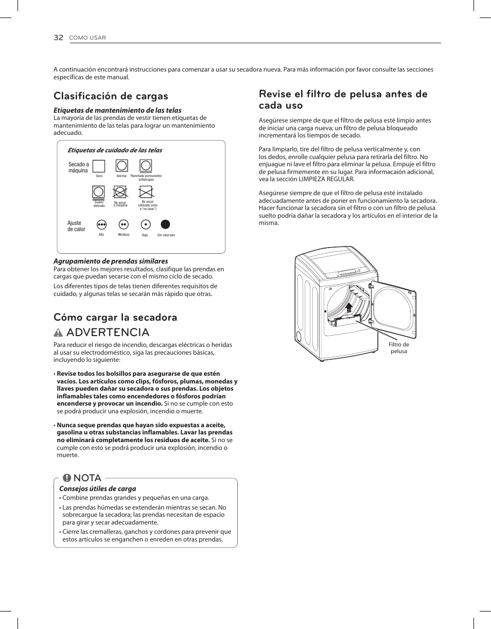 Advertencia, Revise el filtro de pelusa antes de cada uso, Clasificación de cargas | Cómo cargar la secadora, Nota | LG DLGY1202V User Manual | Page 72 / 84