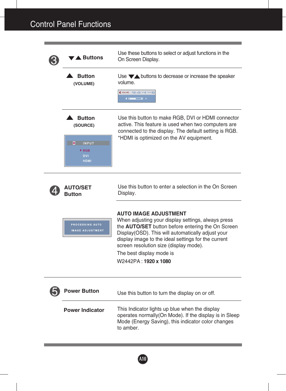 Control panel functions | LG W2442PA-BF User Manual | Page 11 / 26