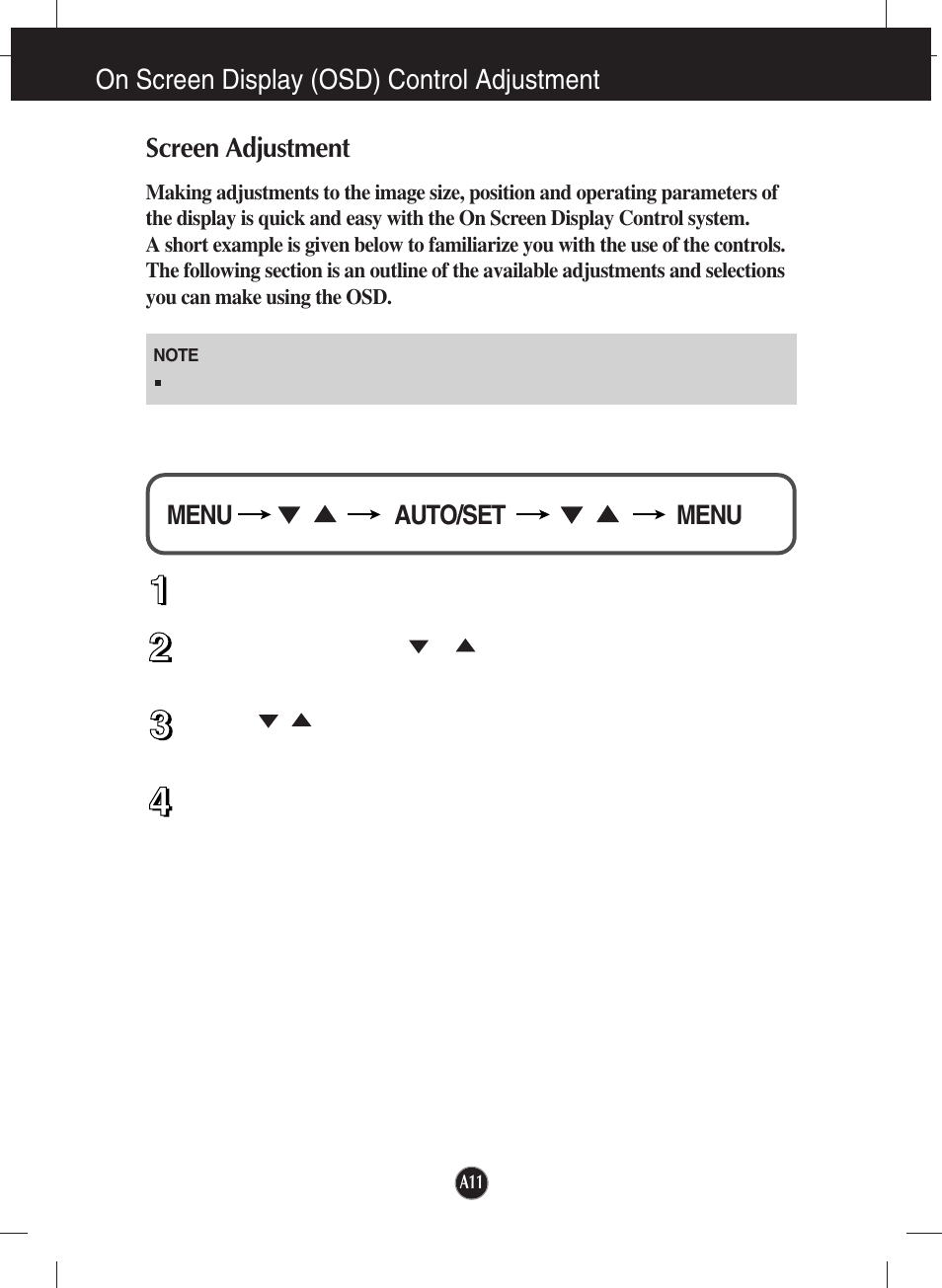 On screen display (osd) control adjustment, Screen adjustment, Auto/set menu menu | LG W2442PA-BF User Manual | Page 12 / 26