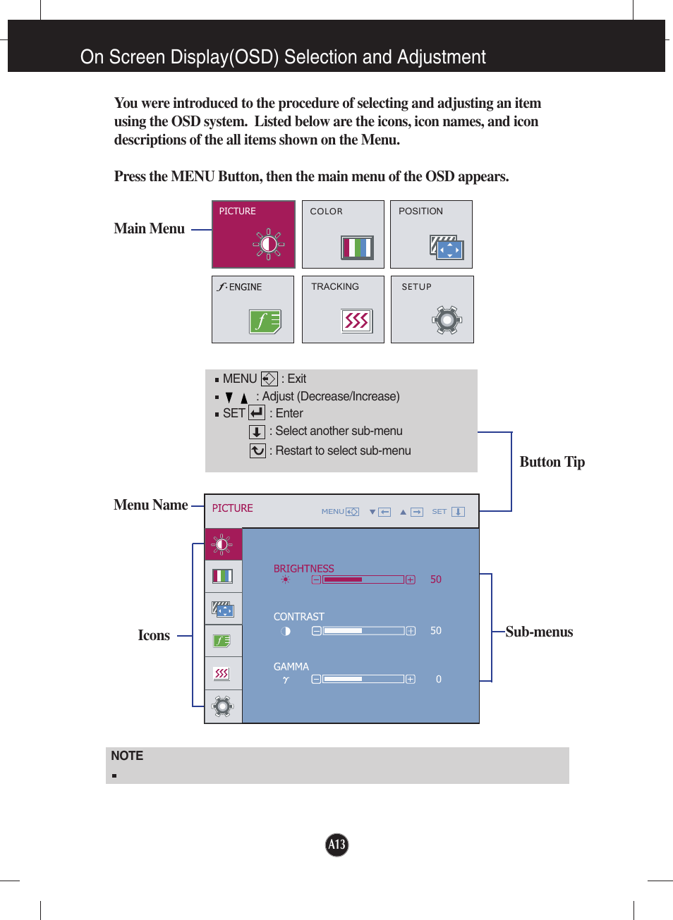 On screen display(osd) selection and adjustment | LG W2442PA-BF User Manual | Page 14 / 26