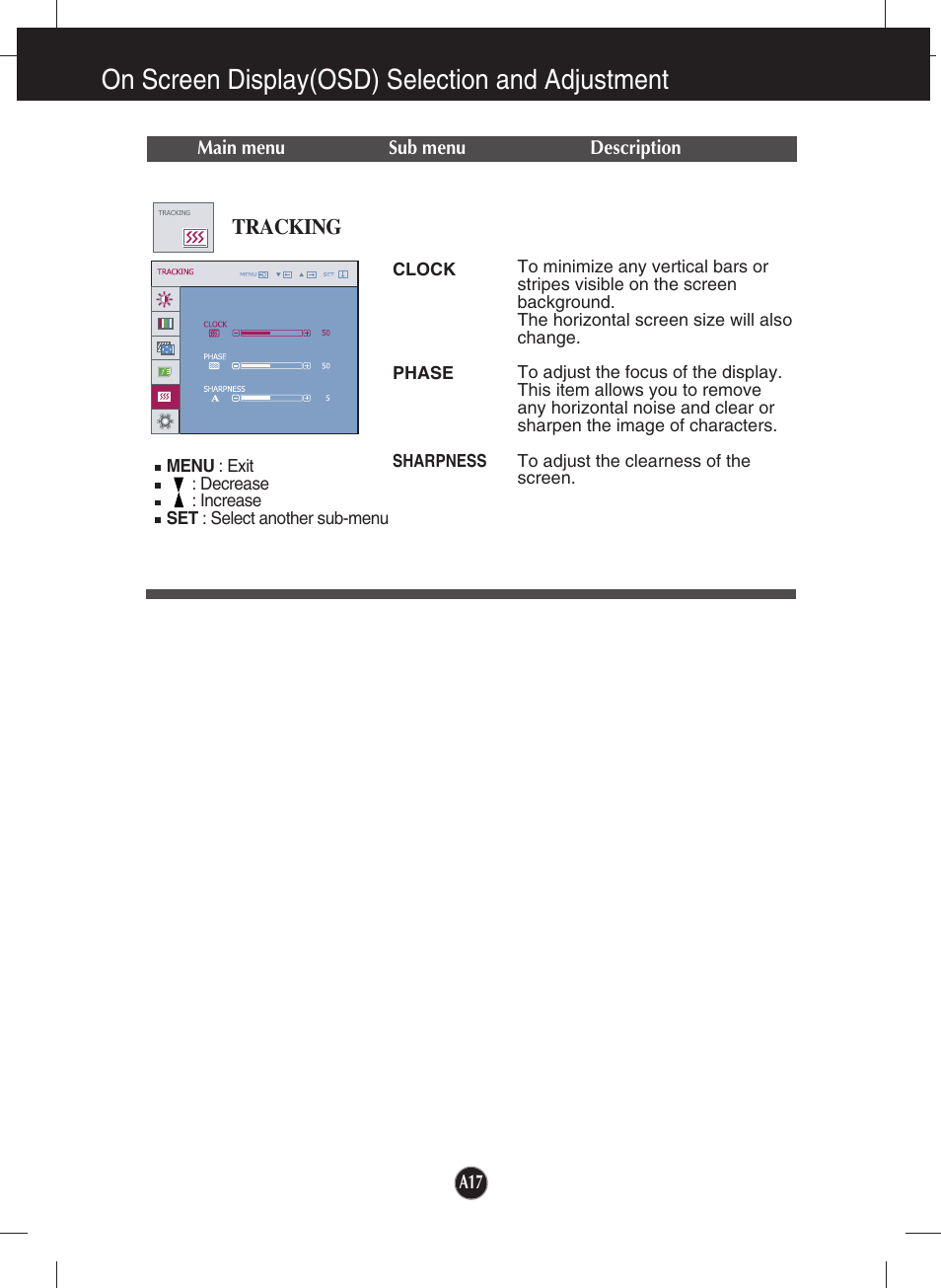 Tracking, On screen display(osd) selection and adjustment | LG W2442PA-BF User Manual | Page 18 / 26